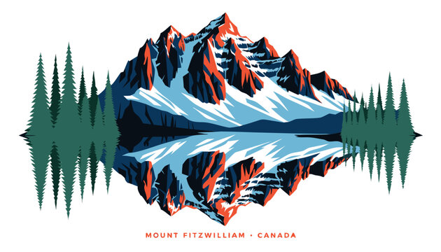 Very beautiful realistic vector illustration of breathtaking Mount Fitzwilliam reflected across Yellowhead Lake, featuring a bold caption reading "MOUNT FITZWILLIAM &bull; CANADA", crystal-clear water, eve