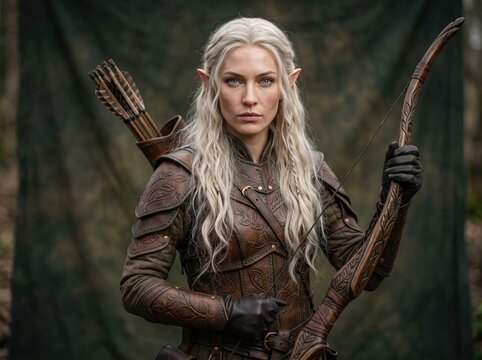 elf archer woman with white hair holding bow in forest, fantasy ranger warrior portrait