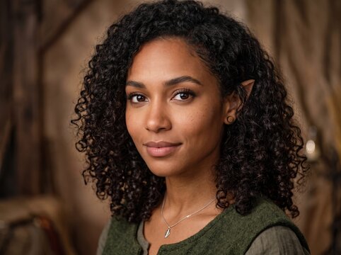 portrait of a beautiful half-elf woman with dark curly hair, pointed ears, and brown eyes wearing green tunic looking at camera