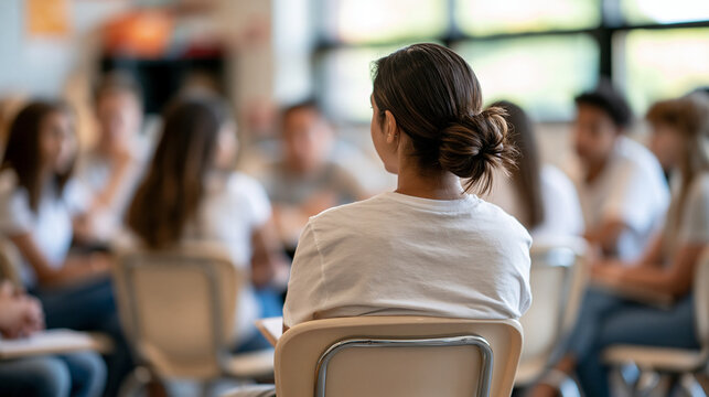 School counselor photographed from behind leading a group session with diverse teenagers sitting in a circle of chairs in a bright classroom faceless rear view figures clean