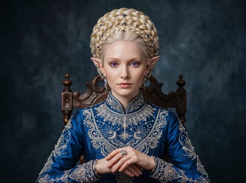 front portrait of a noble high elf queen in embroidered blue dress and braided crown sitting on wooden throne with purple eyes looking at camera