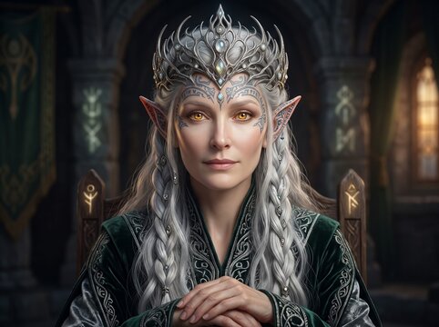 portrait of an elegant elf queen with silver hair, crown, face tattoos, and glowing amber eyes wearing green velvet robes in a stone hall