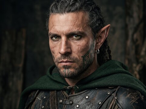 portrait of a rugged male elf warrior with face tattoos, scars, pointed ears, green eyes, and green hooded cloak
