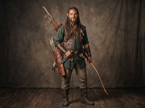 full body portrait of a smiling male wood elf hunter holding bow and dagger with quivers of arrows on brown backdrop