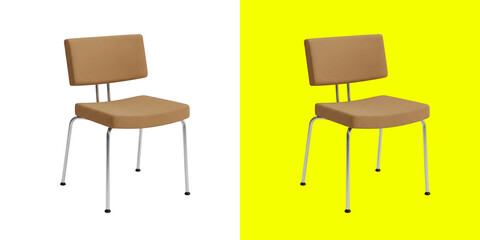Fototapeta premium Modern wooden kitchen chair with thin metal legs for home interior furniture design isolated on simple bright color background