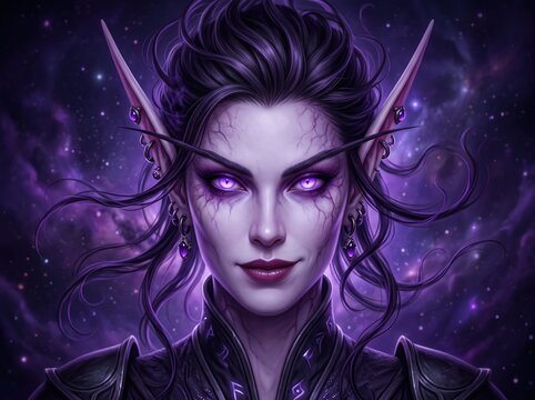 close-up portrait of a dark elf sorceress with glowing purple eyes, veined skin, long pointed ears, and rune-covered armor in a cosmic void