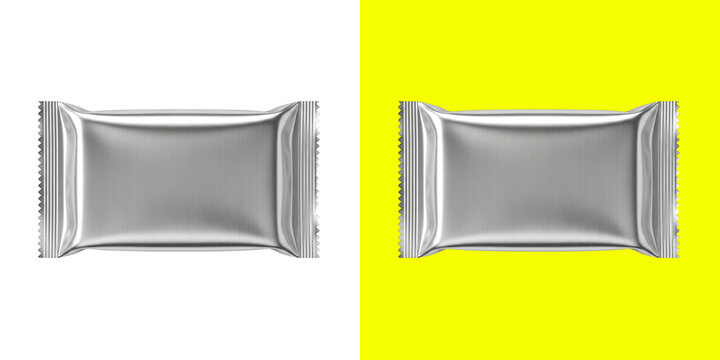 Metallic silver snack food wrapper or candy bar packaging mockup for product design branding and commercial food marketing
