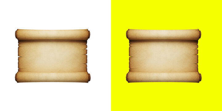 Old vintage paper scroll icon with blank space for text message or design elements isolated on simple colored background