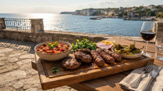 Delicious grilled meat platter served with fresh vegetables and red wine by the sea