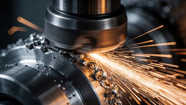 Metal Milling Machine Cutting Steel with Sparks, Close-Up of Lathe Machining, Flying Shavings, Industry