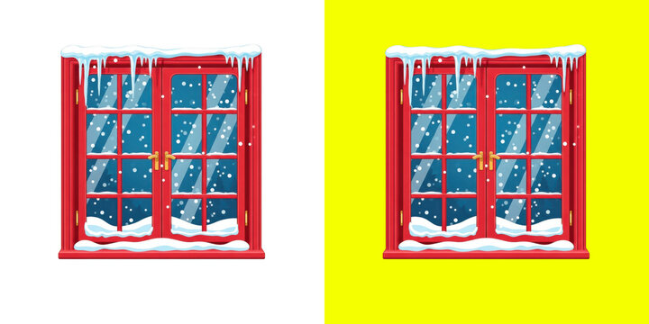 Red wooden window with glass panes covered in white winter snow and icicles in a flat pixel art style for holiday design