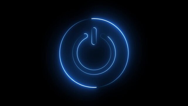 Futuristic Blue Neon Glowing Power Button Animation with Rotating Loading Circle Ring on Black Background, Modern Technology UI UX Start On Off Switch Icon Loop Motion Graphic Stock Footage.