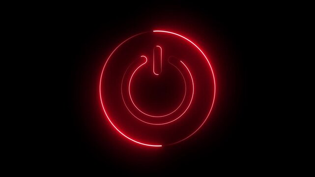 Futuristic Red Neon Glowing Power Button Animation with Rotating Loading Circle Ring on Black Background, Modern Technology UI UX Start On Off Switch Icon Loop Motion Graphic Stock Footage.