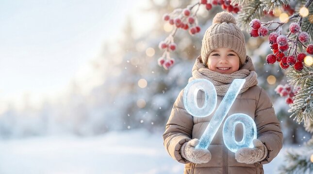 Little child girl wearing winter clothes holding big ice percent sign in snowy forest. Seasonal retail discount promotion, Christmas sale, holiday shopping concept. Happy kid in cold weather.