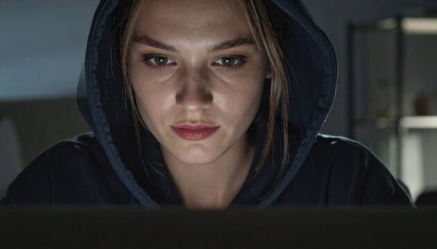 Woman in hoodie working on laptop at night.