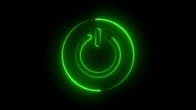 Futuristic Green Neon Glowing Power Button Animation with Rotating Loading Circle Ring on Black Background, Modern Technology UI UX Start On Off Switch Icon Loop Motion Graphic Stock Footage.