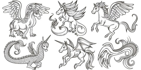 Mythical creatures set featuring unicorns and pegasus in line art style © Ivan