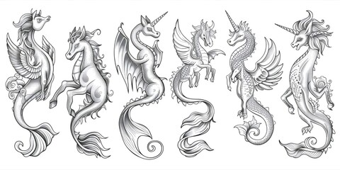 Mythical sea creatures and heraldic unicorns collection © Ivan