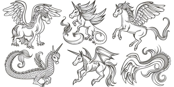 Mythical creatures set featuring unicorns and pegasus in line art style