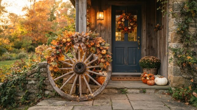 Rustic autumn porch decor with wagon wheel and pumpkins welcomes fall