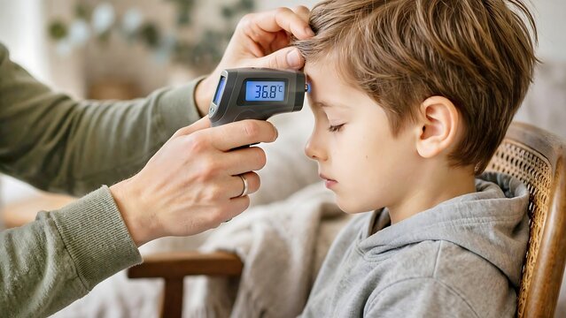 Parent taking their child's temperature showing a mother hand touching an Infrared Thermometer on her son's forehead seated on a chair