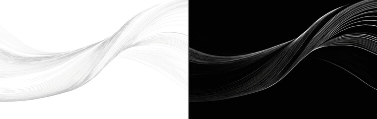 Obraz premium Abstract white smoke wave flow set isolated on white and black background. Smooth silver wave lines. Dynamic flowing monochrome curved lines