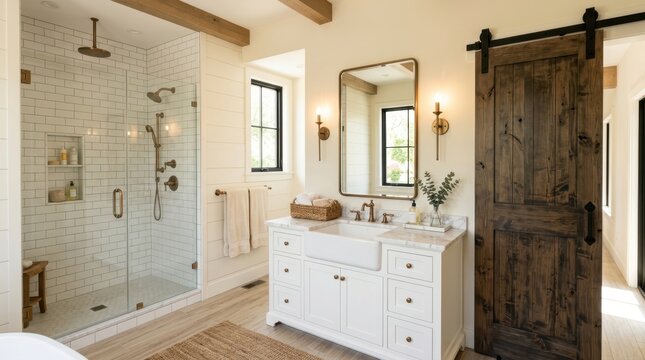 Modern farmhouse bathroom with a spacious walk-in shower and rustic barn door
