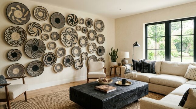 Bohemian living room with woven wall art and natural textures