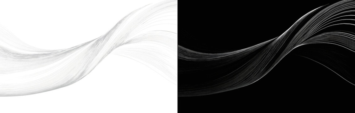 Abstract white smoke wave flow set isolated on white and black background. Smooth silver wave lines. Dynamic flowing monochrome curved lines