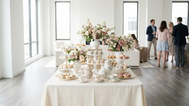 Elegant dessert table setup with floral arrangements and macarons for a special occasion
