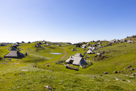 View of traditional wooden huts on the green mountain pastures of Velika Planina, with rolling hills and a clear blue sky in Velika Planina, Kamnik, Slovenia.