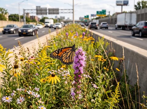 monarch butterfly feeding on purple liatris in a native wildflower median between busy highway lanes