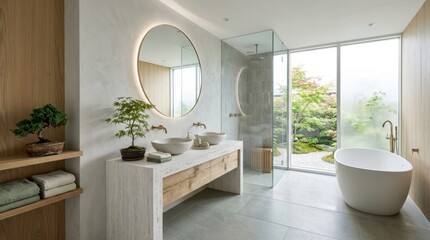 Fototapeta premium Modern bathroom with Japanese garden view and minimalist design elements