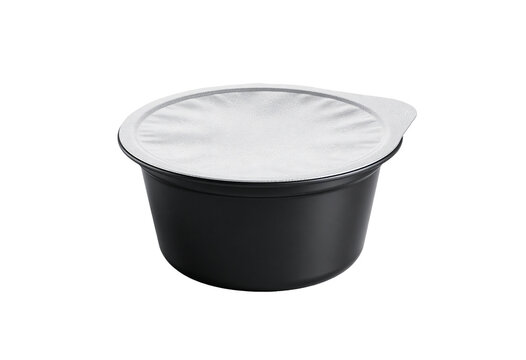 Dipping sauce container, plastic dip cup, foil seal tub, condiment packaging, small plastic tub, mini packaging cup, takeaway sauce pod, single serve container, black plastic tub, food packaging.