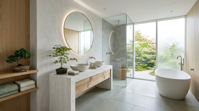 Modern bathroom with Japanese garden view and minimalist design elements