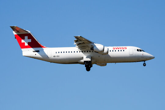 Swiss International Air Lines Avro RJ100 (HB-IXU) on landing approach at Liszt Ferenc Airport on July 21, 2016 in Budapest, Hungary
