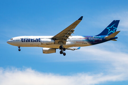 Air Transat Airbus A330-200 (C-GTSZ) on landing approach at Liszt Ferenc Airport on July 21, 2016 in Budapest, Hungary
