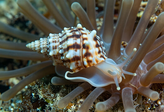 Triton snail with patterned shell crawling on an anemone underwater, marine life and ocean ecosystem, the snails detailed shell and the anemones soft tentacles are visible in this close-up view