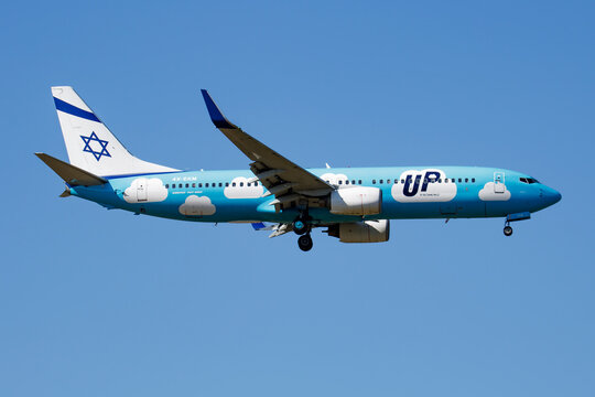 Up Boeing 737-800 (4X-EKM) on landing approach at Liszt Ferenc Airport on July 21, 2016 in Budapest, Hungary