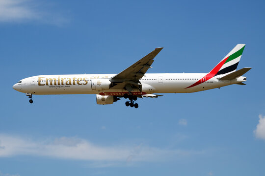 Emirates Boeing 777-300 (A6-EMM) on landing approach at Liszt Ferenc Airport on July 21, 2016 in Budapest, Hungary