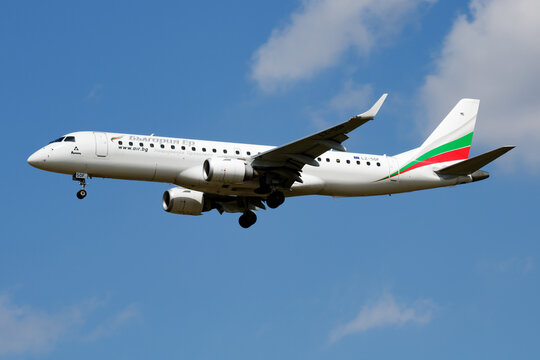 Bulgaria Air Embraer ERJ-190 (LZ-SOF) on landing approach at Liszt Ferenc Airport on July 21, 2016 in Budapest, Hungary