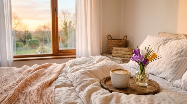 Cozy bedroom scene with coffee and flowers by the window at sunrise