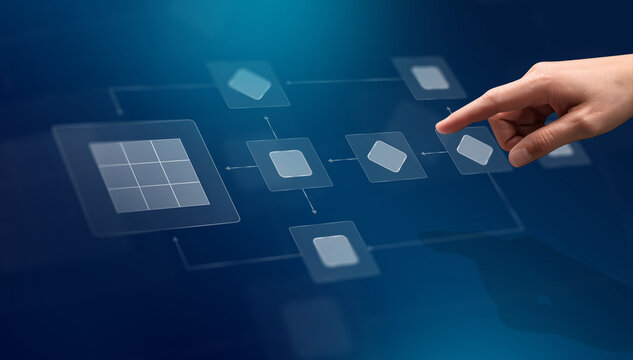 Business process and Automate workflows with flowcharts Business process management, business hierarchy The relationship of positional order and algorithm with a flowchart on a computer screen