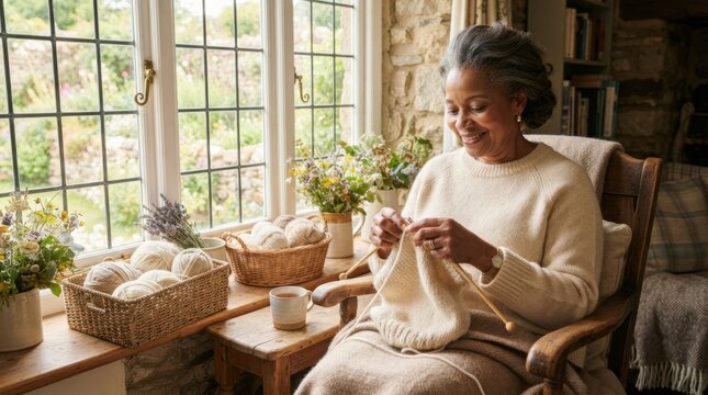 Elderly woman happily knitting a warm sweater by a window with yarn and flowers