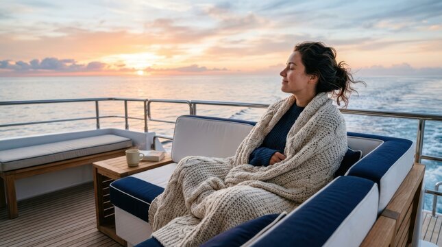 Woman wrapped in blanket enjoying sunset on a luxury yacht deck