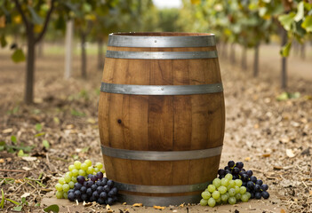 Obraz premium Wooden wine barrel with fresh green and red grapes on the ground in a vineyard during harvest season, Winemaking process and the abundance of harvest season