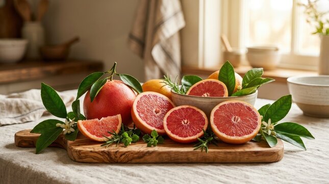 Freshly cut grapefruits with leaves and flowers on a wooden board