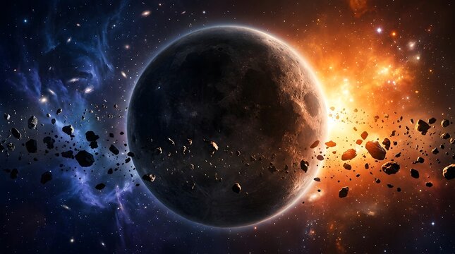 A dramatic view of a dark planet surrounded by a dense asteroid field in deep space