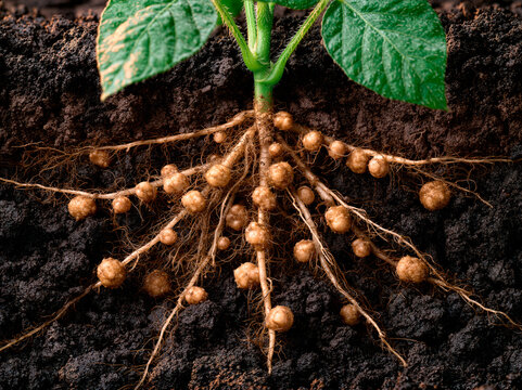 Soybean roots severely infected by root-knot nematodes in agricultural soil