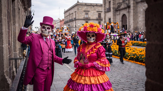 Participants dressed in traditional Catrin and Catrina costumes with sugar skull makeup participate in a vibrant Day of the Dead parade in a historic city.